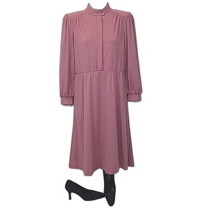 Romantic Vintage A-Line Swing Dress Knee Length Mock Neck Long Sleeve Blush Pink